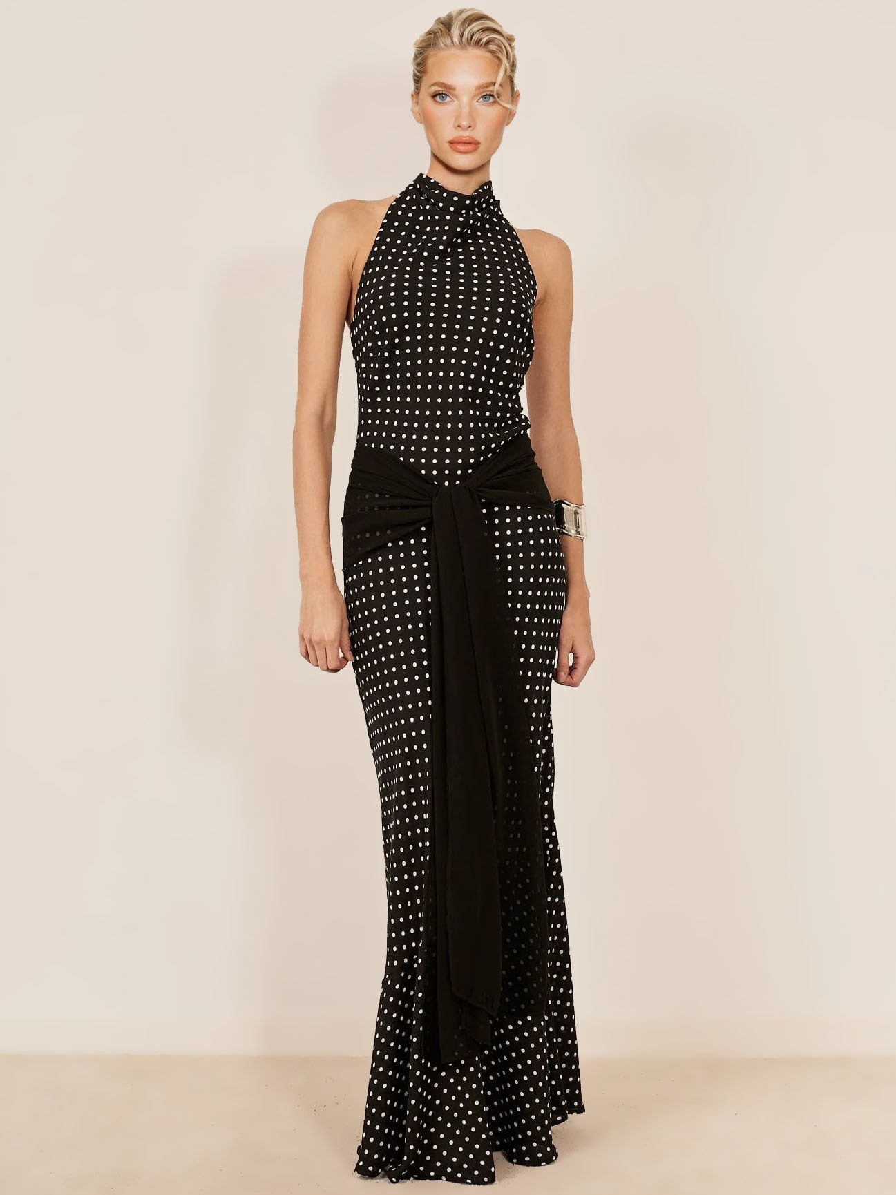 Elegant Halter Neck Polka Dot Maxi Dress