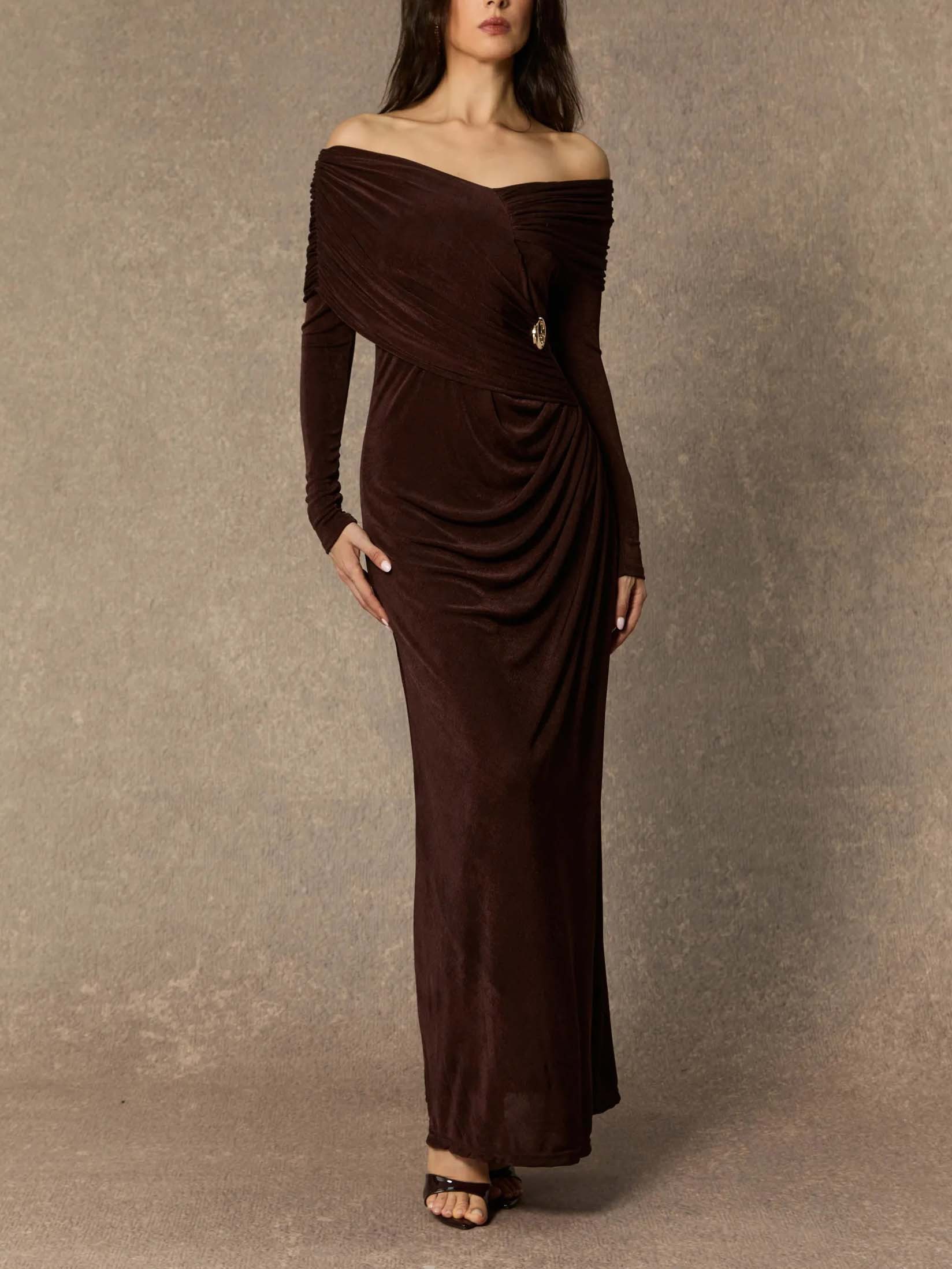 Elegant One-shoulder Pleated Knit Maxi Dress