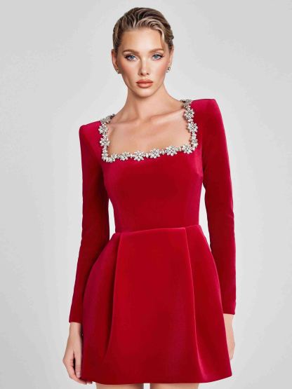 Elegant Square Neck Crystal Embellished Mini Dress