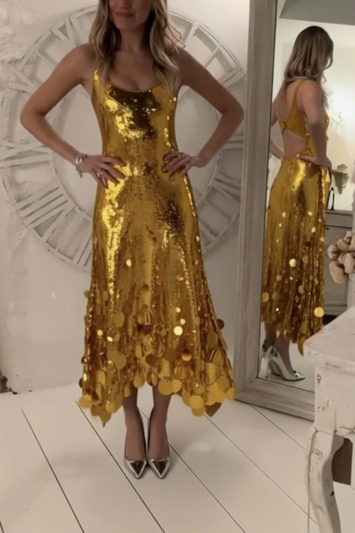 Exquisite Party Tips Sequin Irregular Round Tassels Hem Back Cutout Tank Maxi Dress