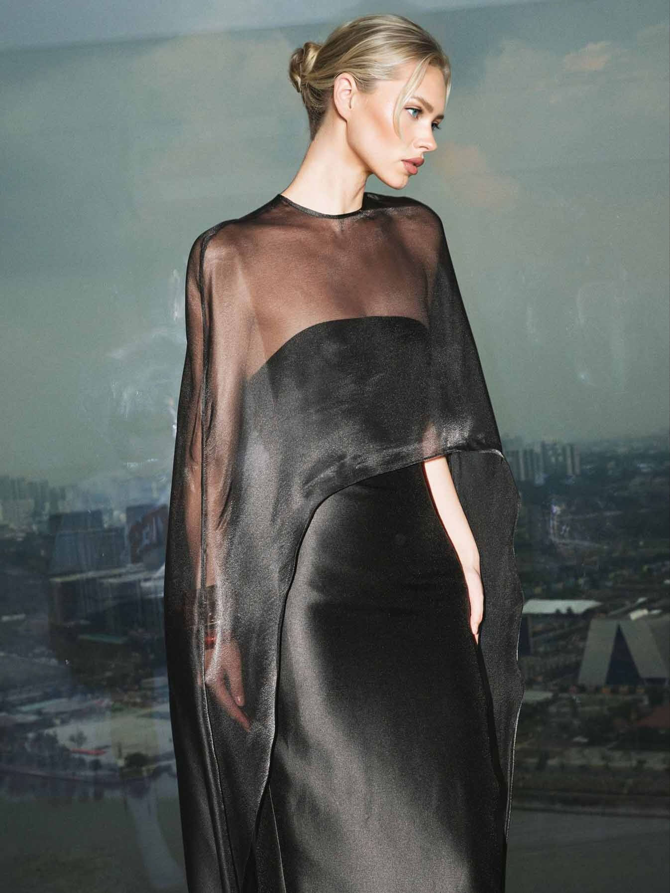 Elegant Sheer Cape Overlay Satin Maxi Dress
