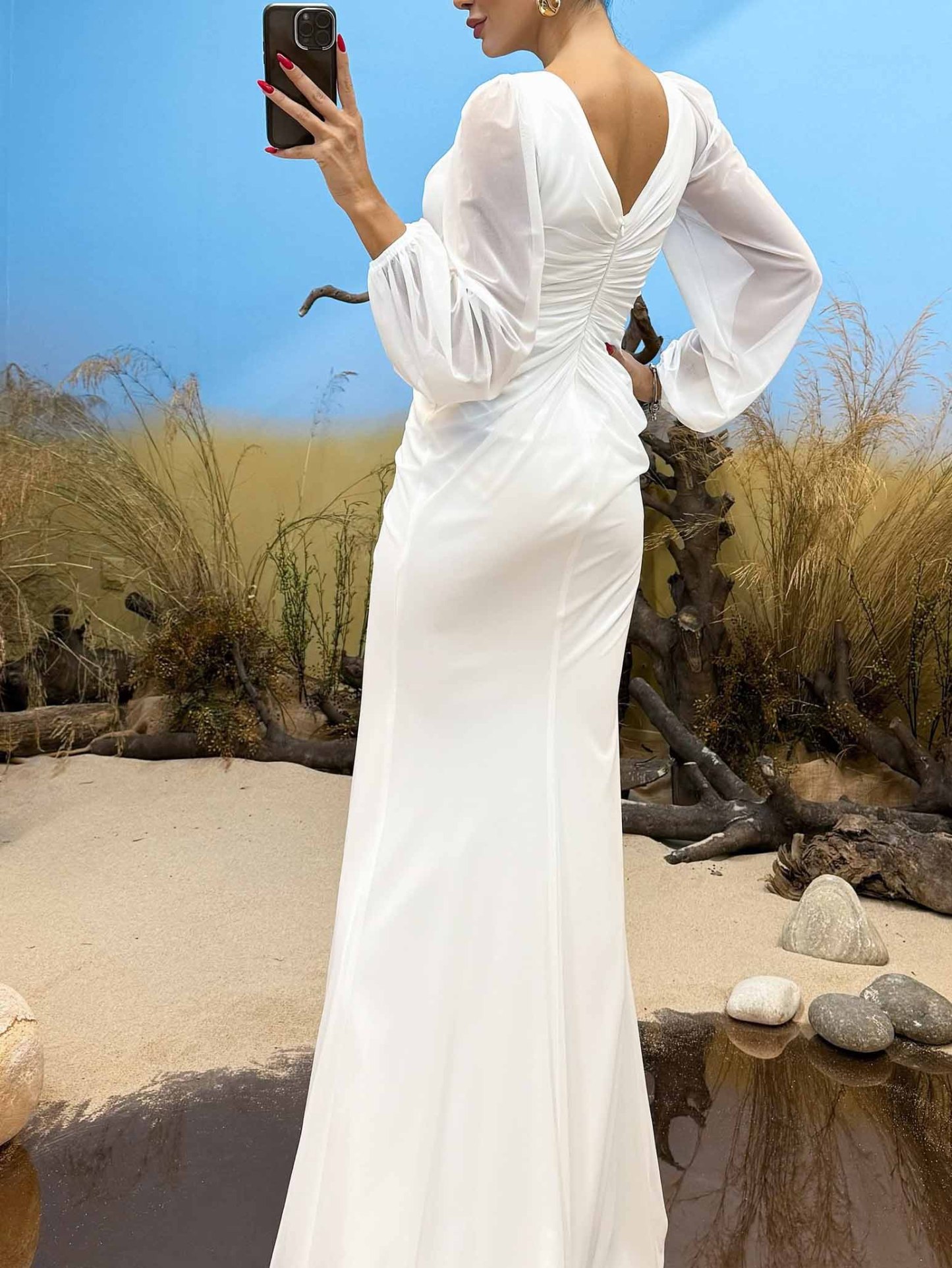 Elegant V-Neck Ruched Floral Slit Maxi Dress