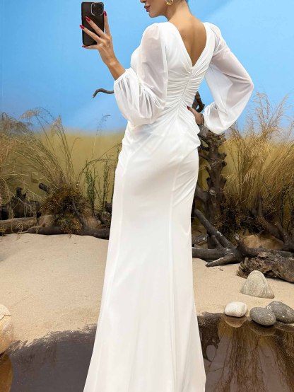 Elegant V-Neck Ruched Floral Slit Maxi Dress