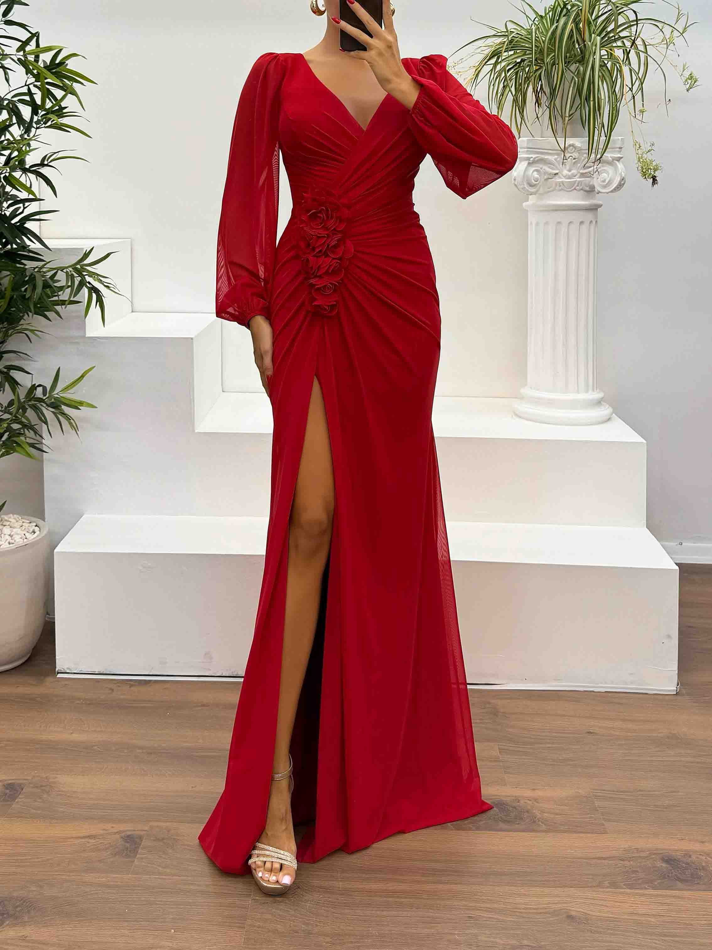 Elegant V-Neck Ruched Floral Slit Maxi Dress