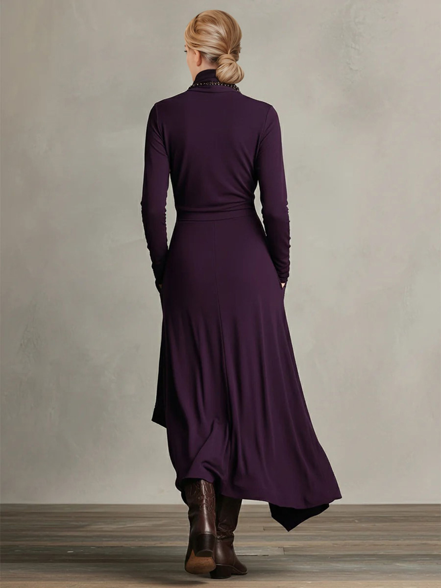 Elegant High-Neck Draped Asymmetrical Maxi Dress