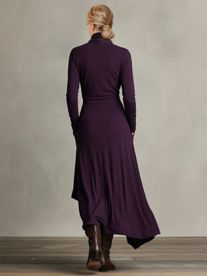 Elegant High-Neck Draped Asymmetrical Maxi Dress