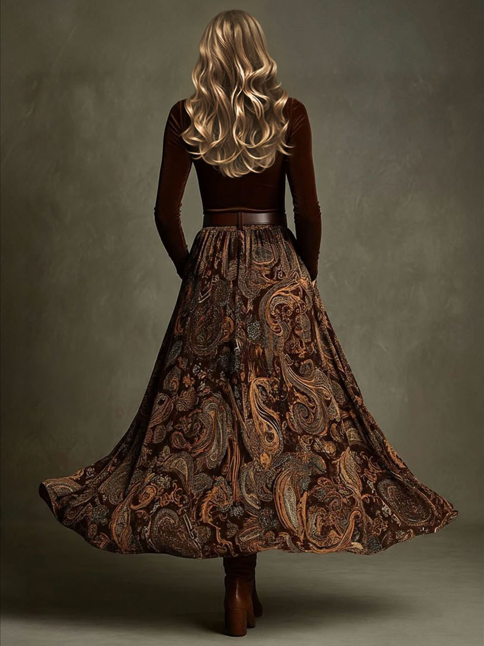 Retro Stretch Velvet Top And Paisley Print Maxi Skirt Set