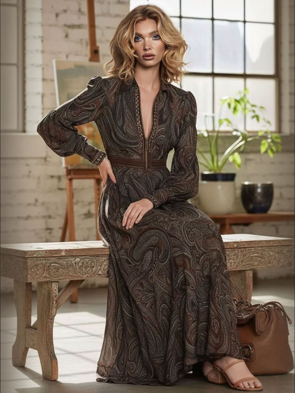 Retro Paisley Print Zipper Maxi Dress