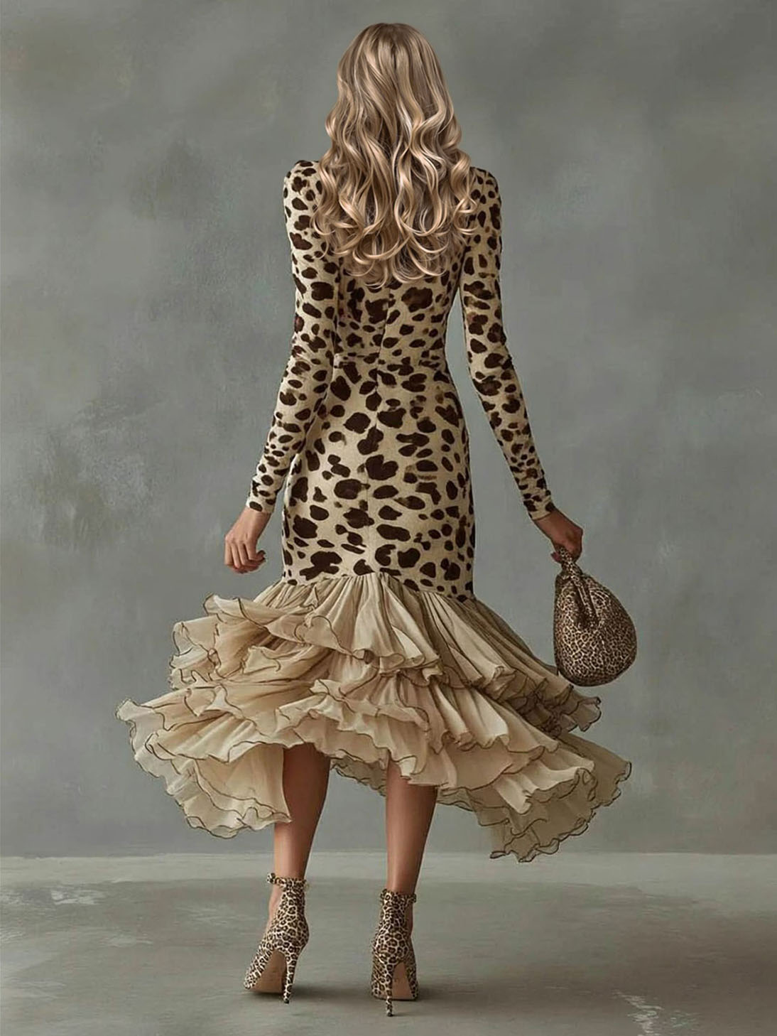 Ruffled V-neck Printed Maxi Dress