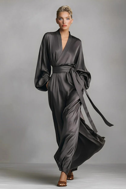 Delicate Satin Wrap V-Neck Maxi Dress