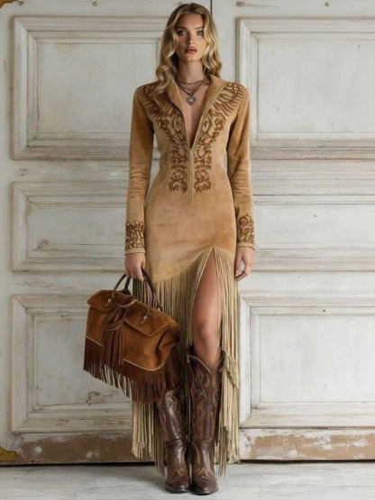Vintage Western Half-Zip Suede Fringe Dress