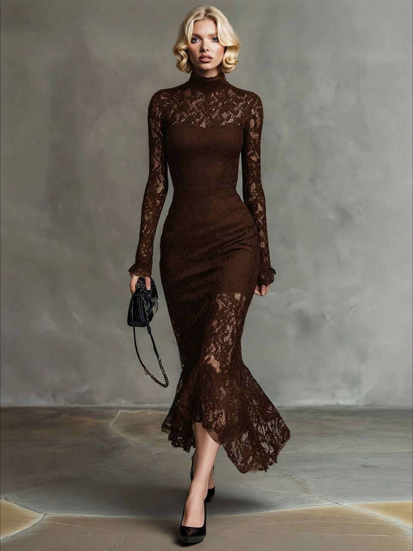 Exquisite High-neck Lace Fishtail Maxi Dress