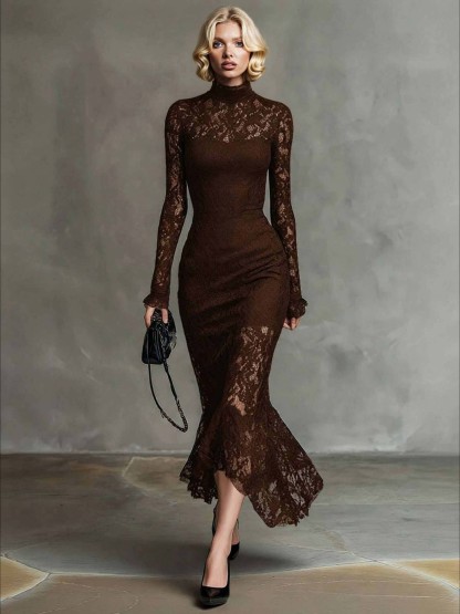 Exquisite High-neck Lace Fishtail Maxi Dress
