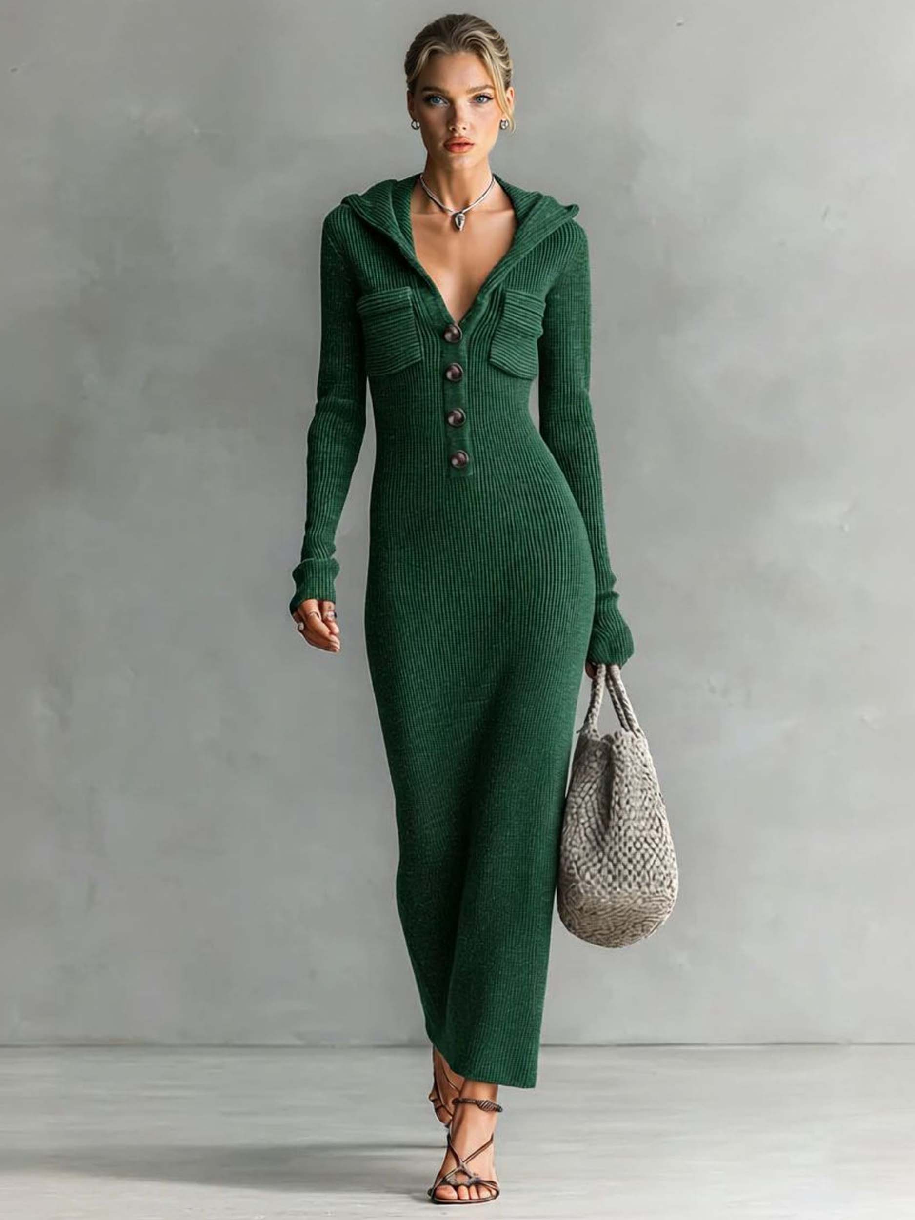 Casual Hooded Knitted Slim-fit Maxi Dress