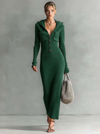 Casual Hooded Knitted Slim-fit Maxi Dress