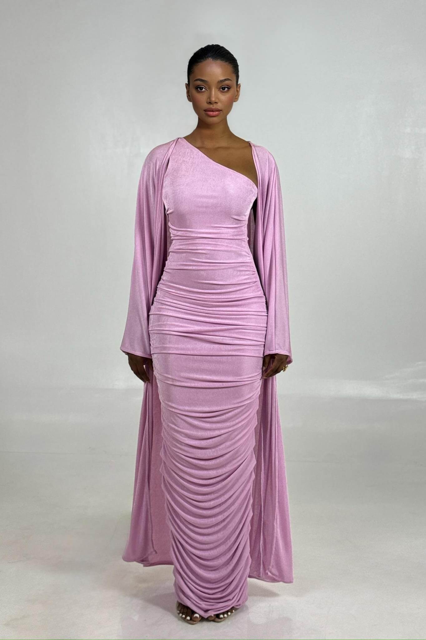 Elegant One-Shoulder Ruched White Maxi Dress with Long-Sleeve Cardigan Set