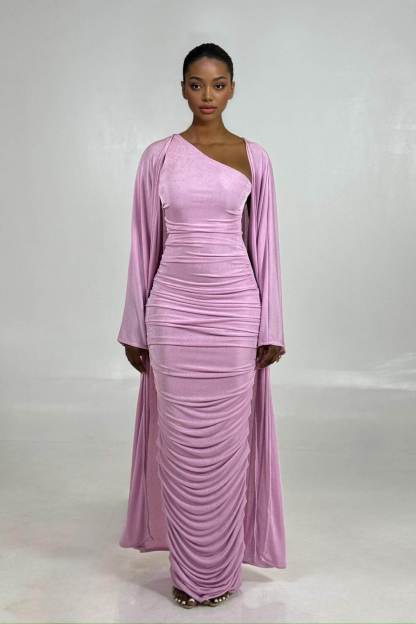 Elegant One-Shoulder Ruched White Maxi Dress with Long-Sleeve Cardigan Set