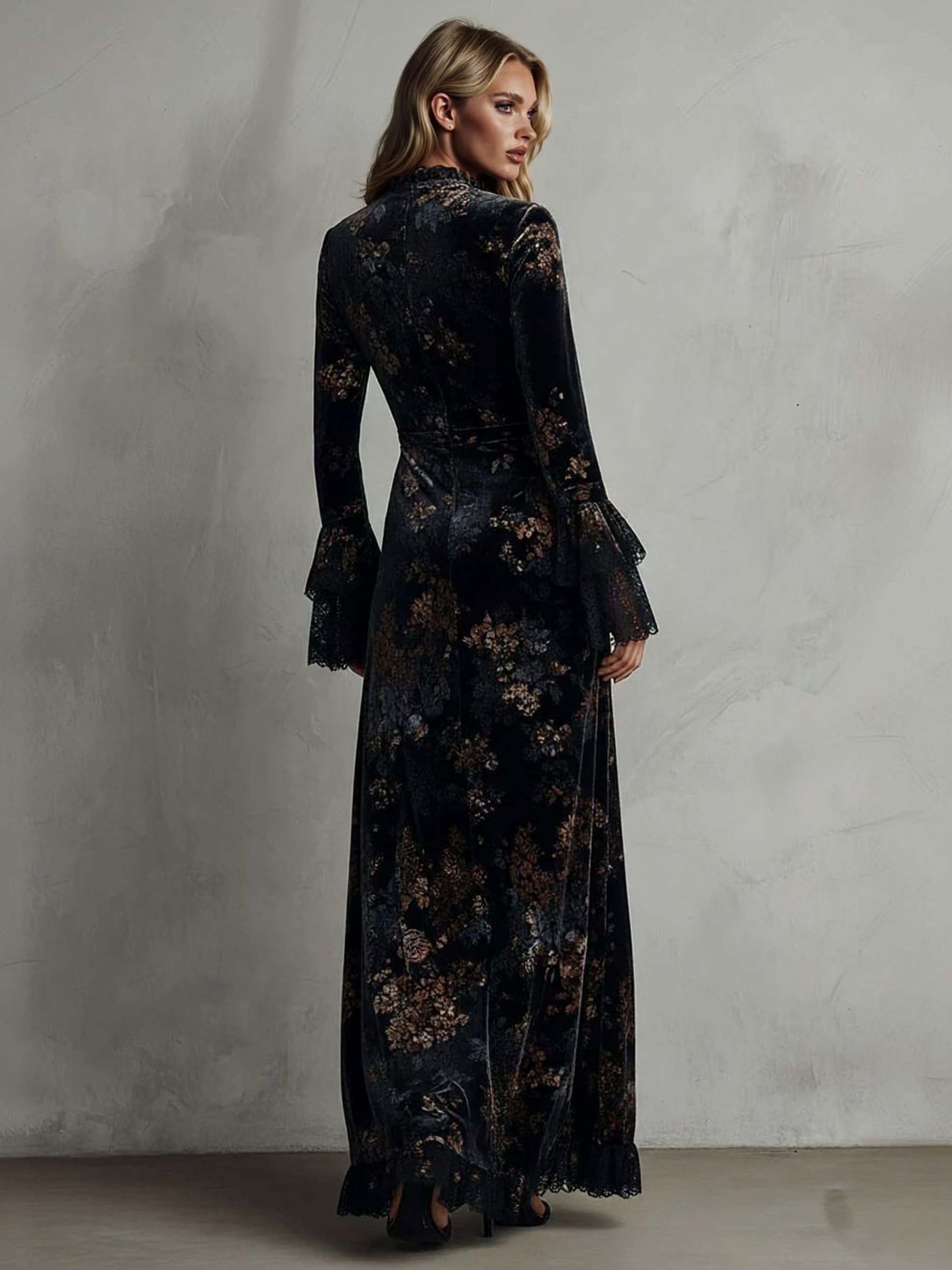 Exquisite Velvet Floral Print Pleated Maxi Dress