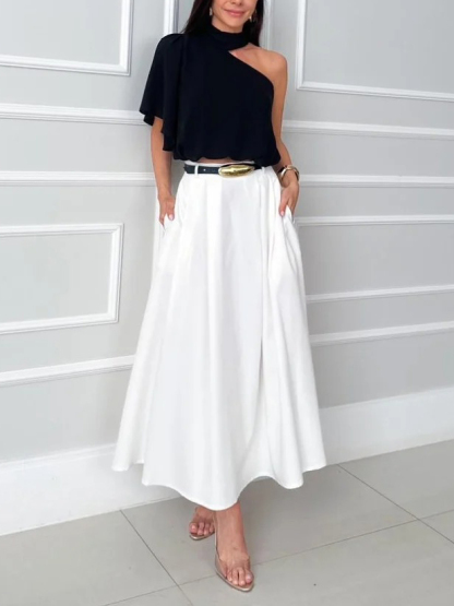 Elegant Asymmetrical Collar Shirt & Skirt Two-Piece Set