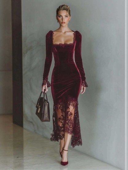 Elegant High-neck Velvet Lace Maxi Dress