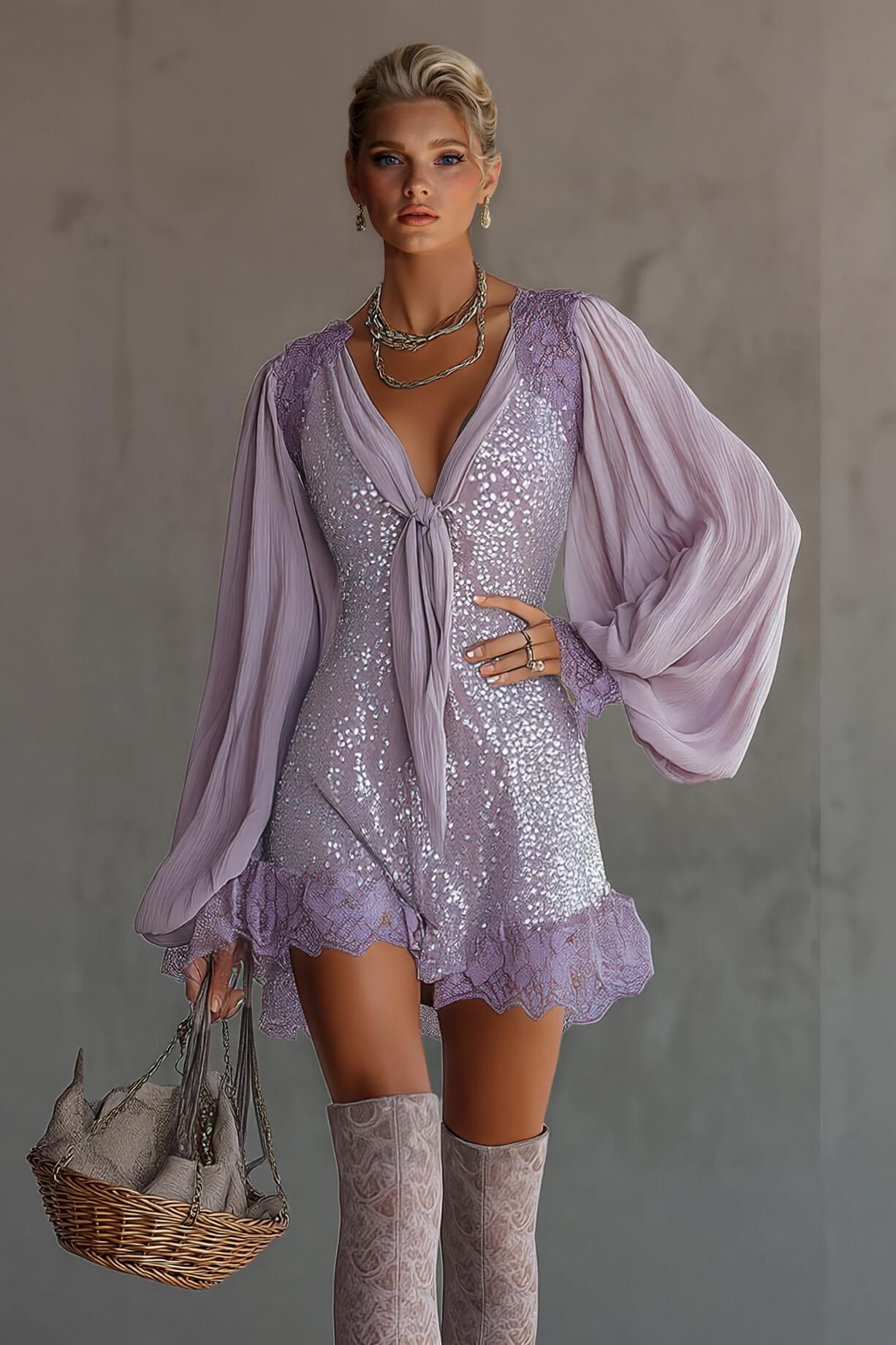 Delicate Sequined Chiffon Lantern Sleeve Lace-trimmed Mini Dress