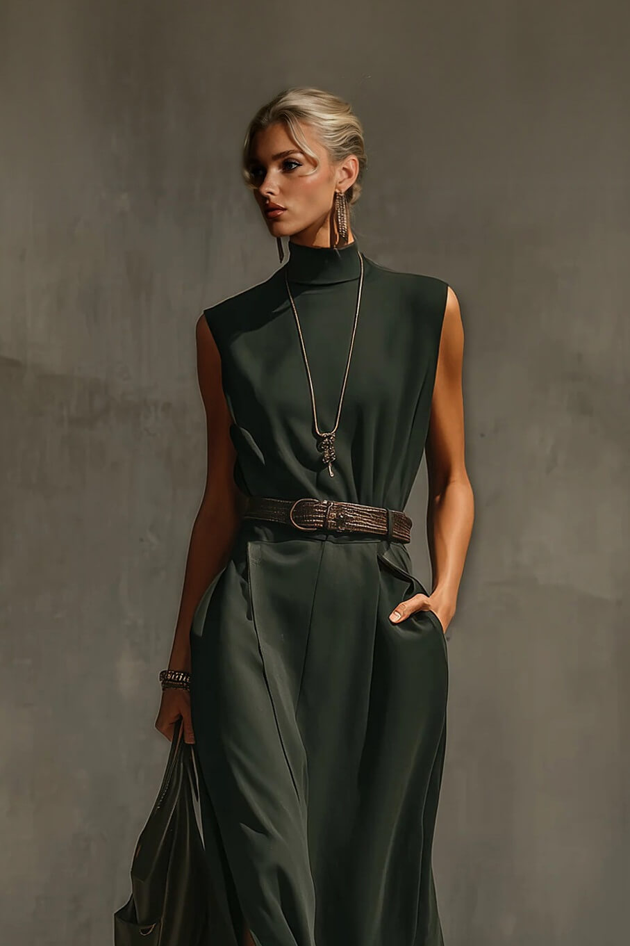 Elegant Green Woven Sleeveless High-Neck Tie-Waist Maxi Dress