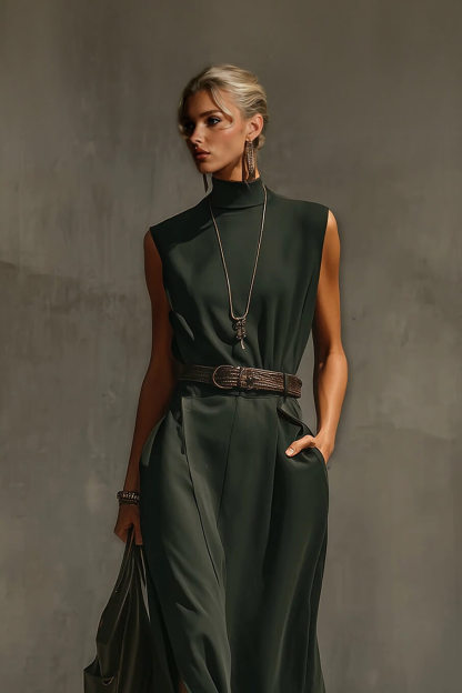 Elegant Green Woven Sleeveless High-Neck Tie-Waist Maxi Dress