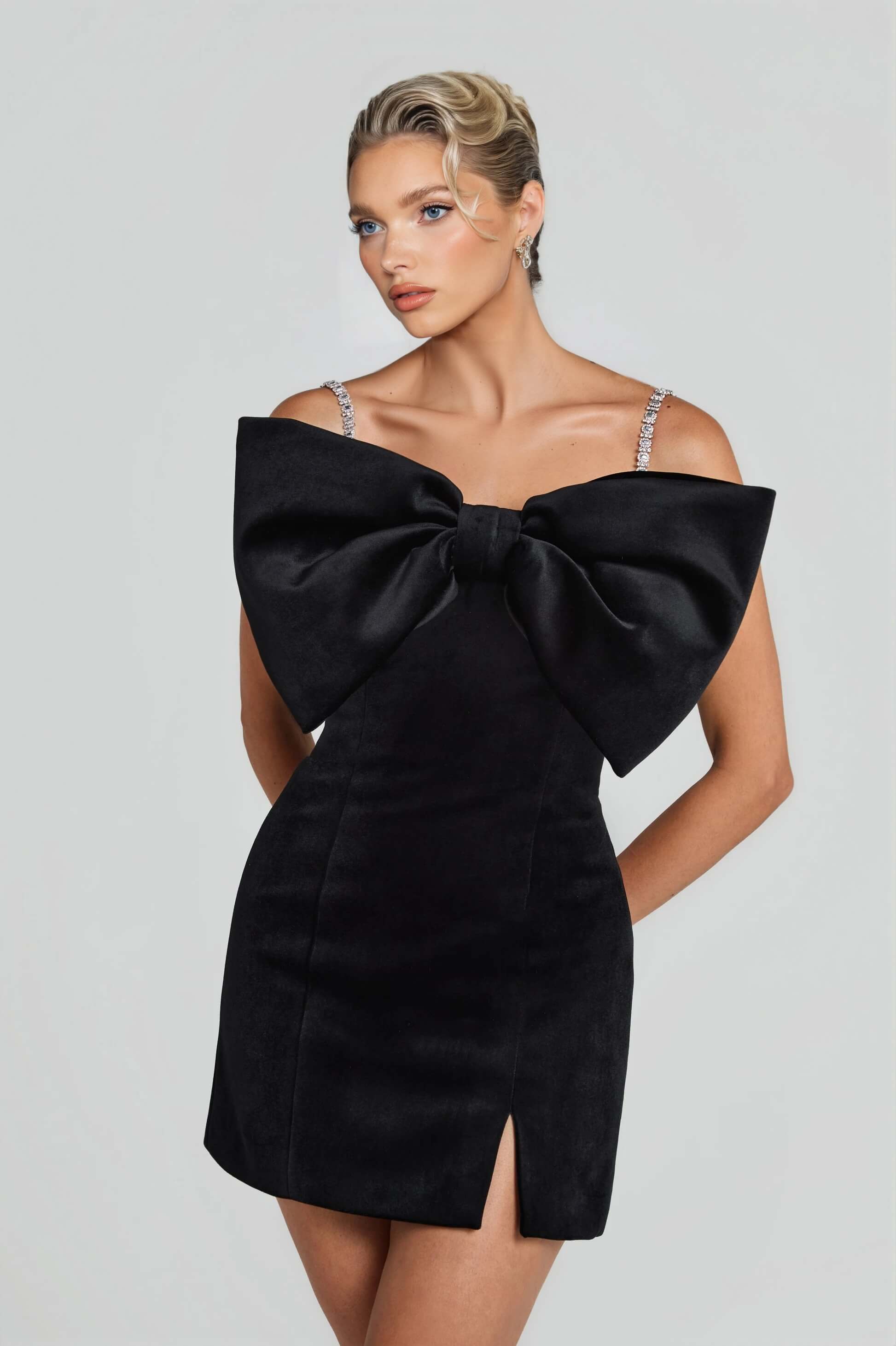 Exquisite Off-Shoulder Statement Bow Black Mini Dress