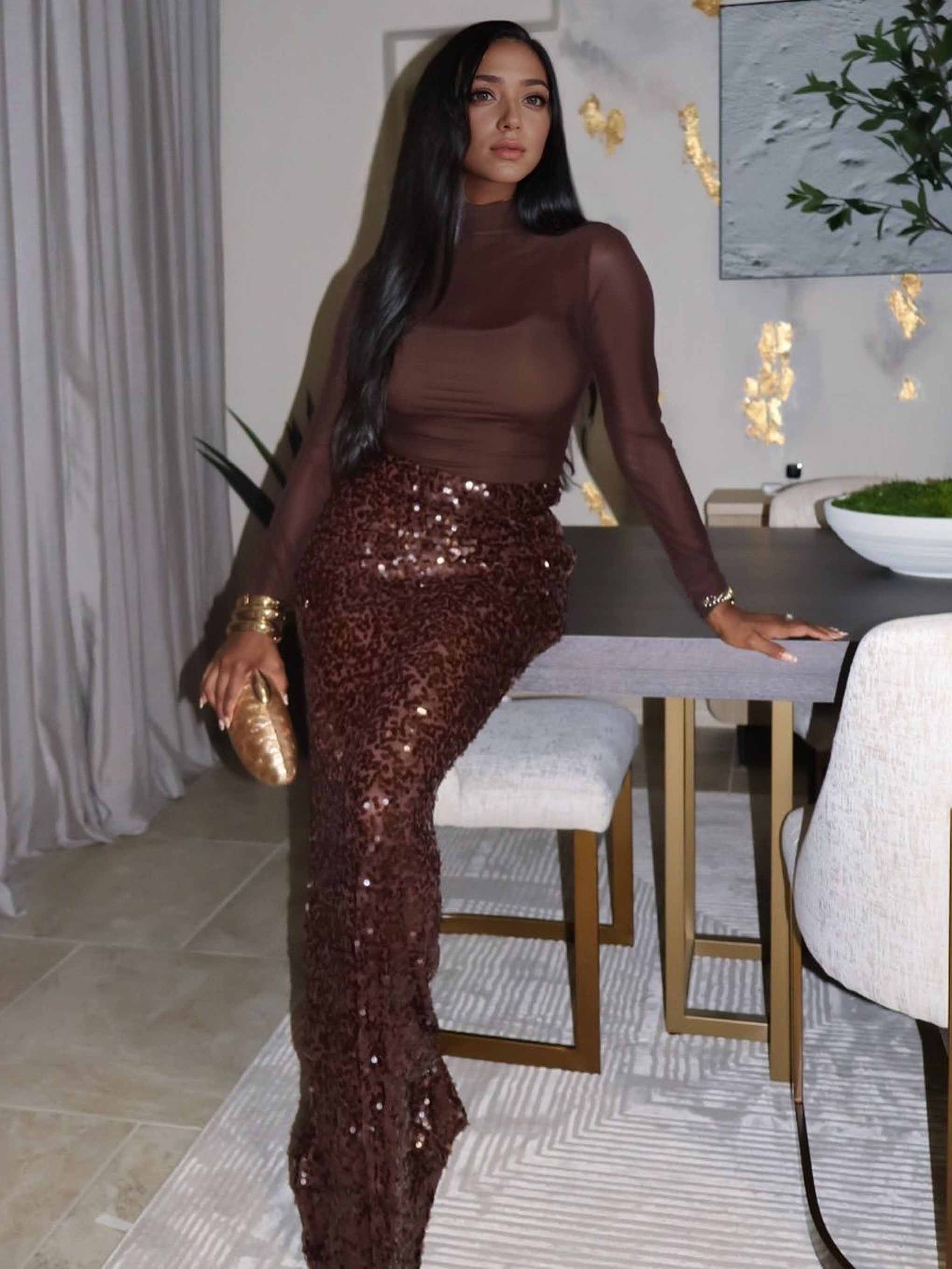 Elegant Extra Long Sequined Midi Skirt Two-Piece Set