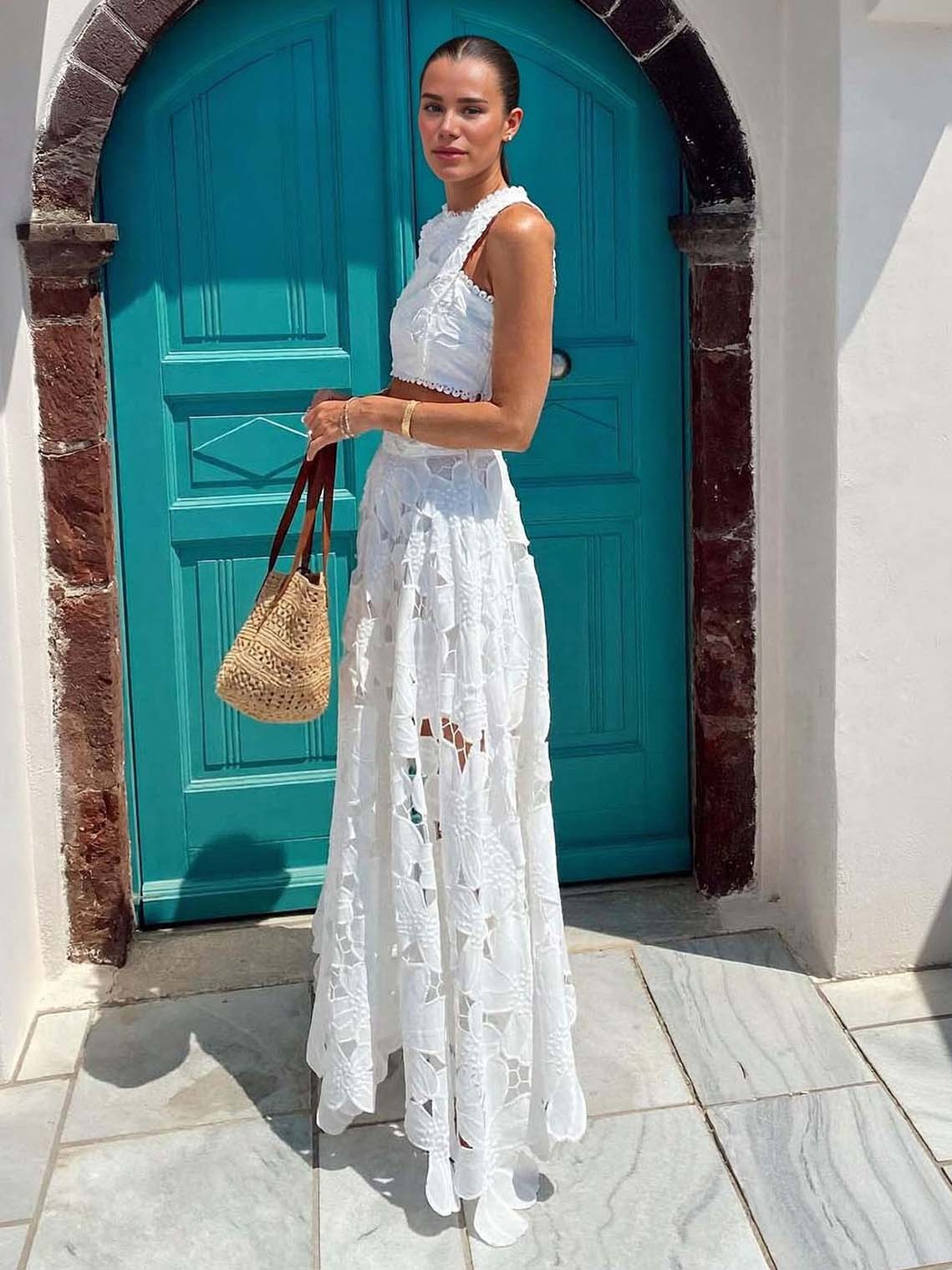 Elegant Openwork Floral Lace Short Vest Two-piece Set