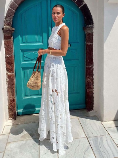 Elegant Openwork Floral Lace Short Vest Two-piece Set