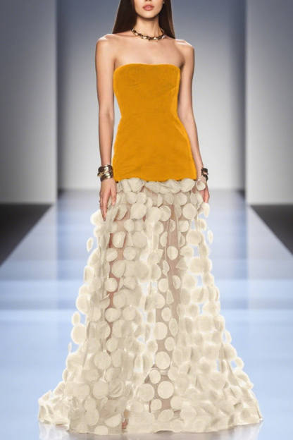 Elegant Strapless Top with Patchwork Polka Dot Mesh Maxi Dress