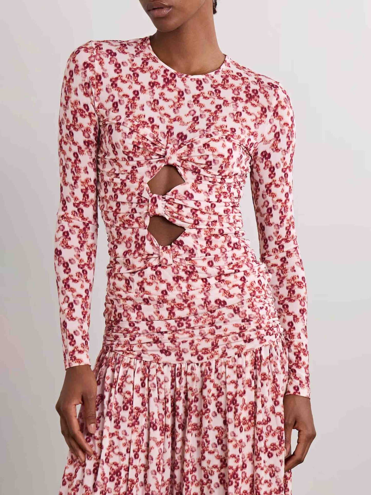 Exquisite Pleated Openwork Floral Print Stretch Knit T-shirt