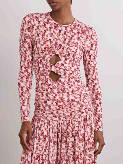 Exquisite Pleated Openwork Floral Print Stretch Knit T-shirt