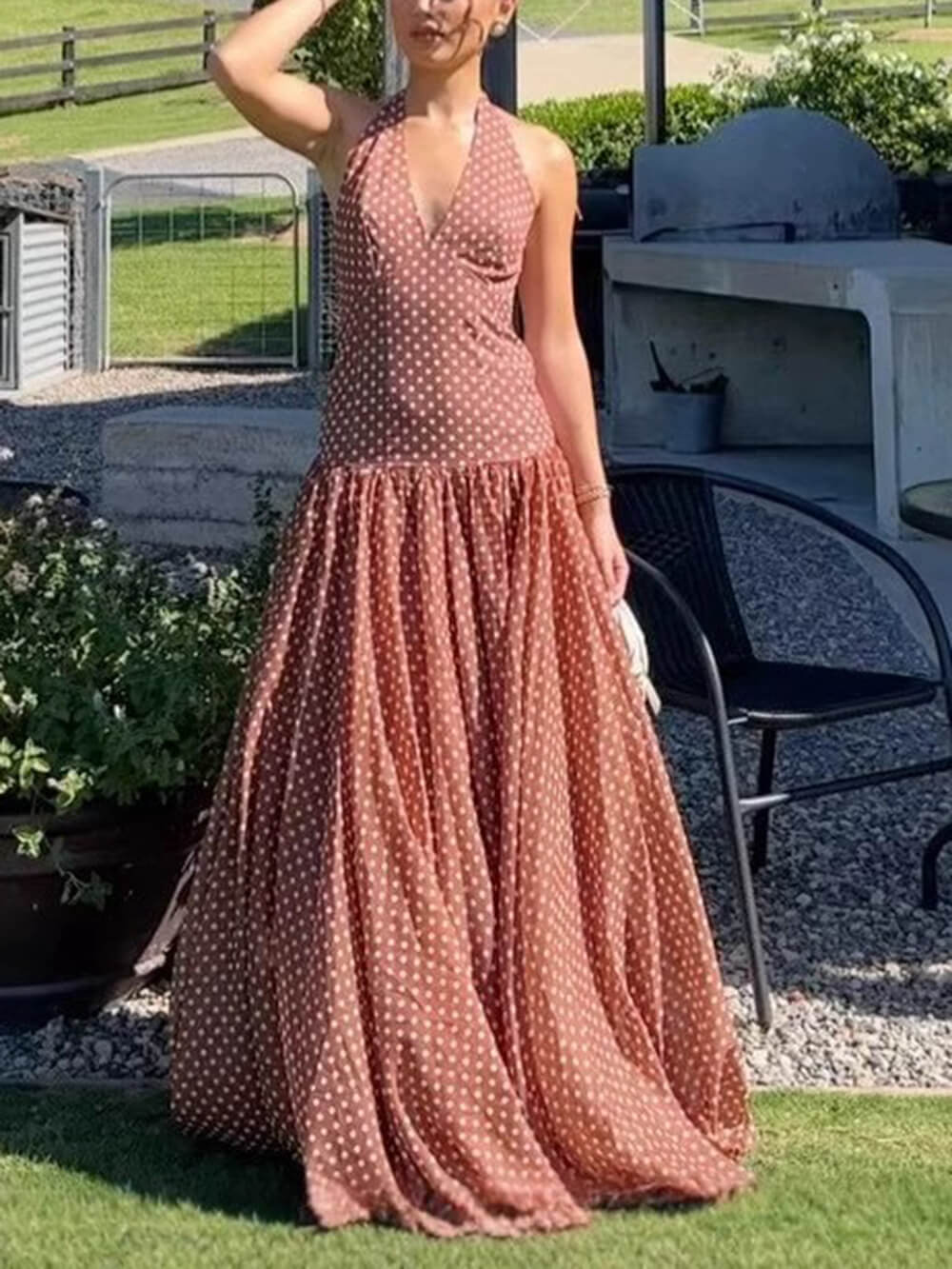 Chic Polka Dot Print V-Neck Halter Tie-Neck Maxi Dress