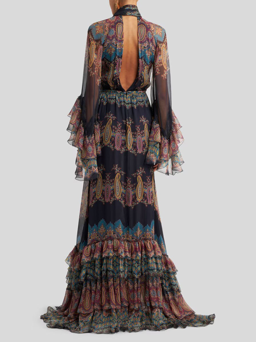 Elegant Retro Paisley Print Ruffle Tiered Maxi Dress