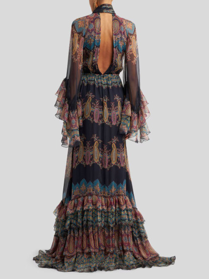 Elegant Retro Paisley Print Ruffle Tiered Maxi Dress