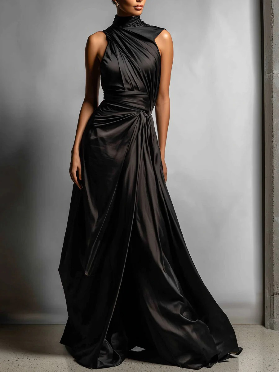 Elegant High-Neck Draped Satin Maxi Dress