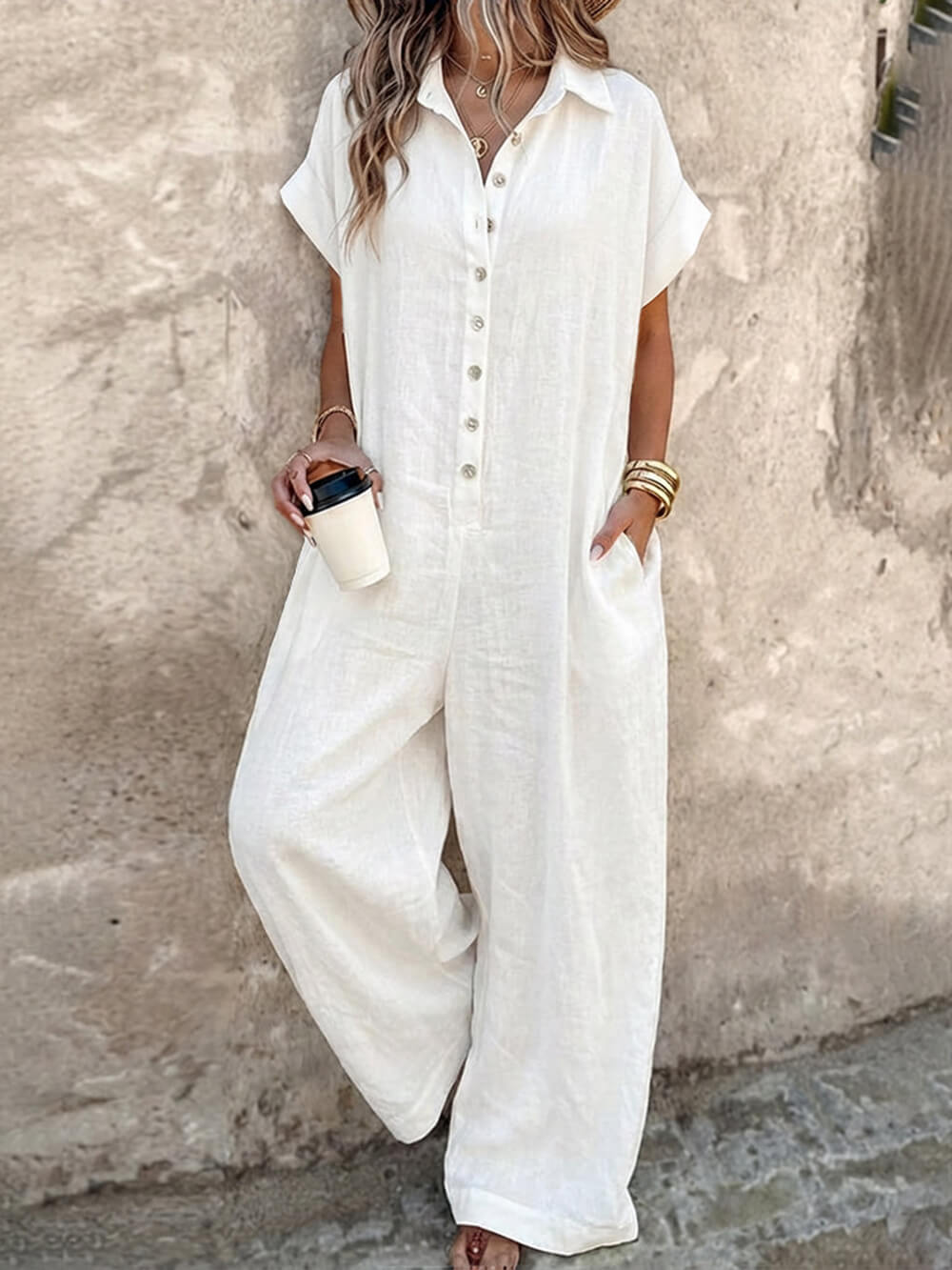 Casual Linen Collared Short-Sleeved Button-Up Front Wide-Leg Jumpsuit