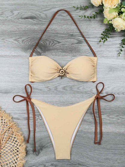 Halter Tie Contrast Trim Triangle Bikini Set