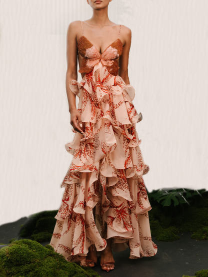 Tiered Sunset Butterfly Print Halter Back Maxi Dress