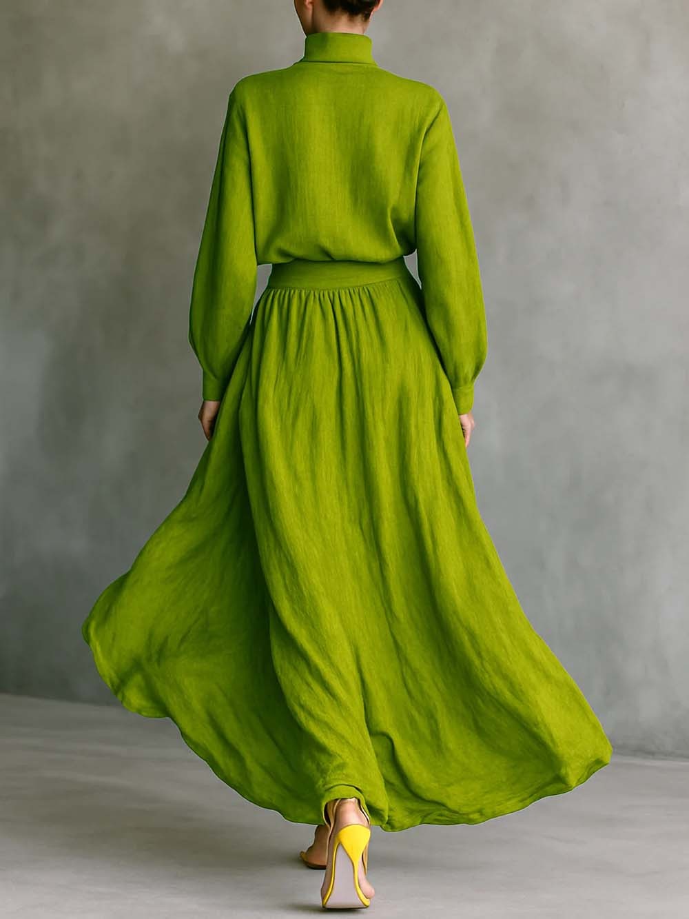 Casual Green Turtleneck Loose-Fit Top