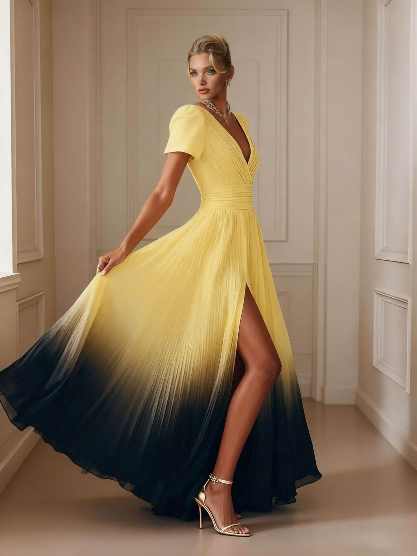 Exquisite Yellow Gradient Tie-Dye Print Flared Slit Maxi Dress