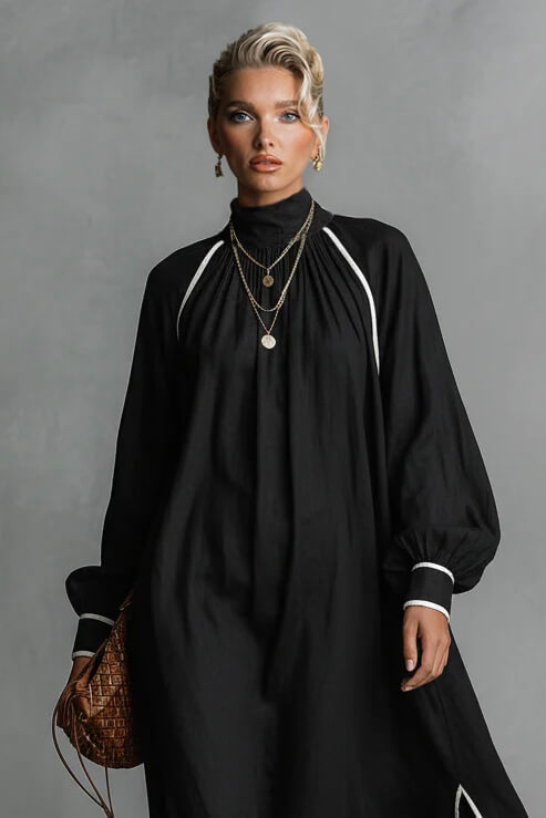 Casual Loose Linen Contrast Trim White Piping Slit Maxi Dress