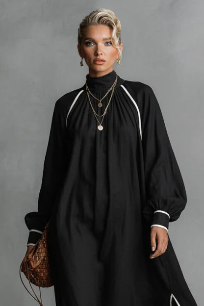 Casual Loose Linen Contrast Trim White Piping Slit Maxi Dress