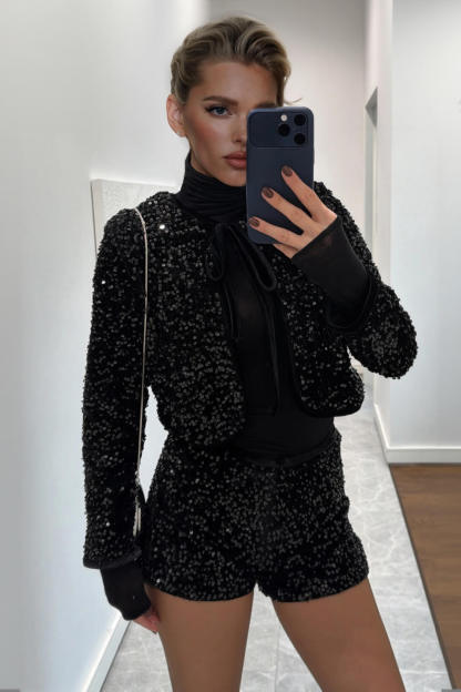 Exquisite Gold Sequin Blazer Velvet Shorts Set