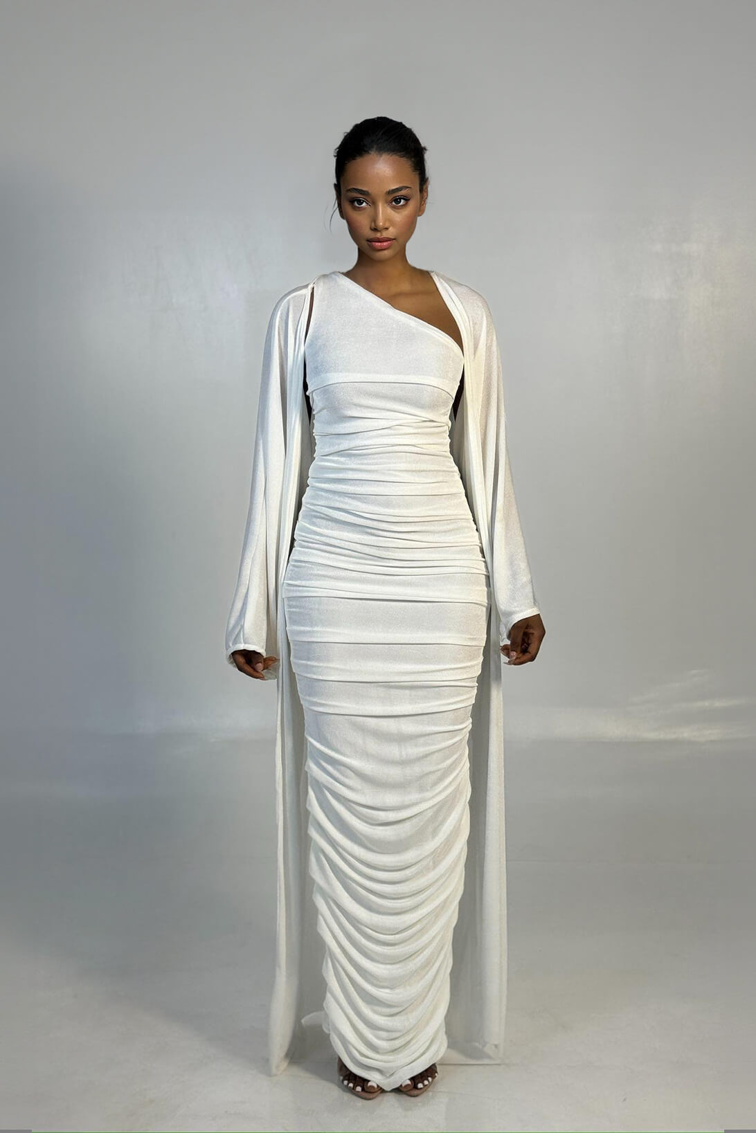 Elegant One-Shoulder Ruched White Maxi Dress with Long-Sleeve Cardigan Set