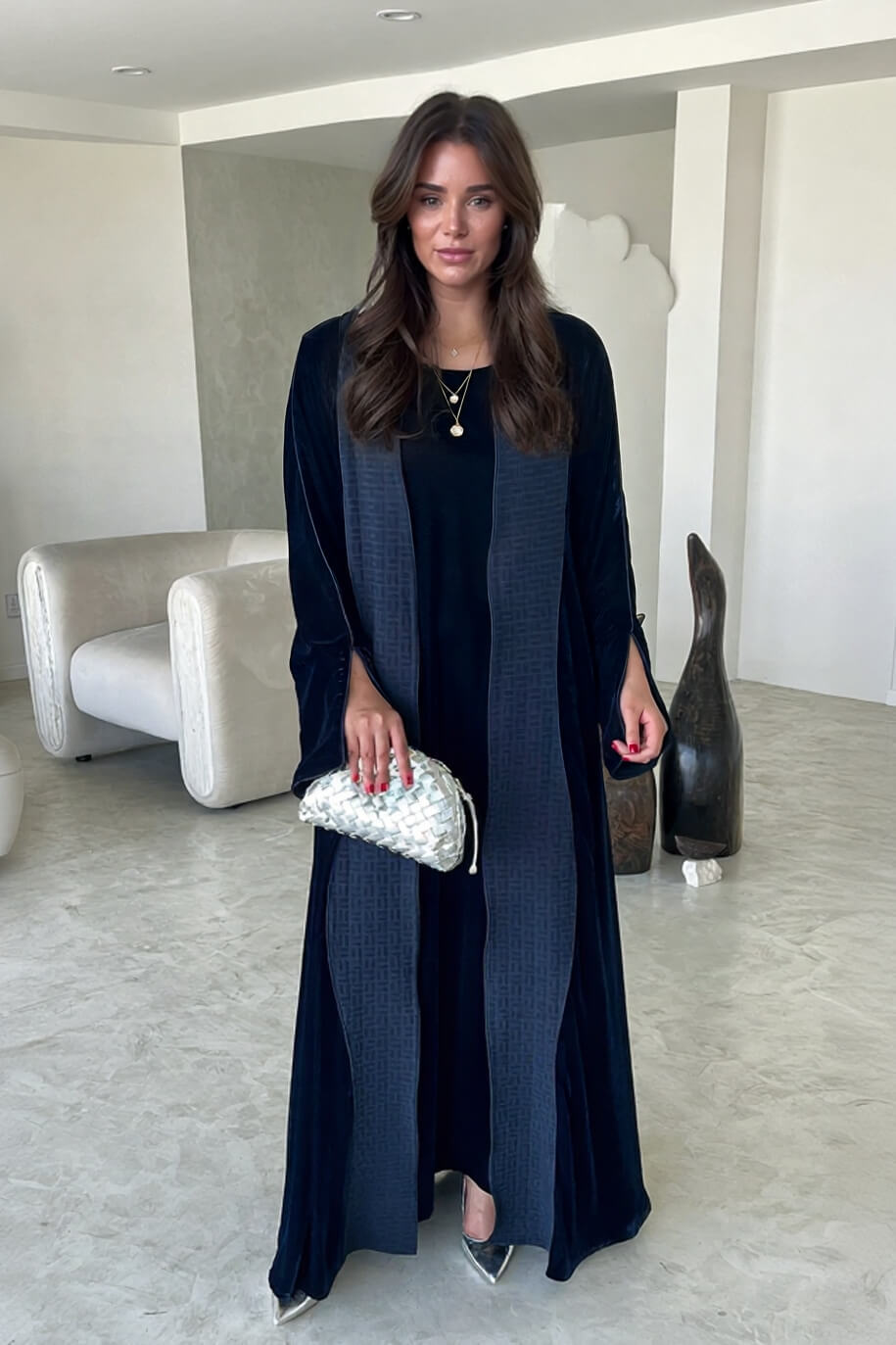 Elegant Black Printed Velvet Robe Cardigan