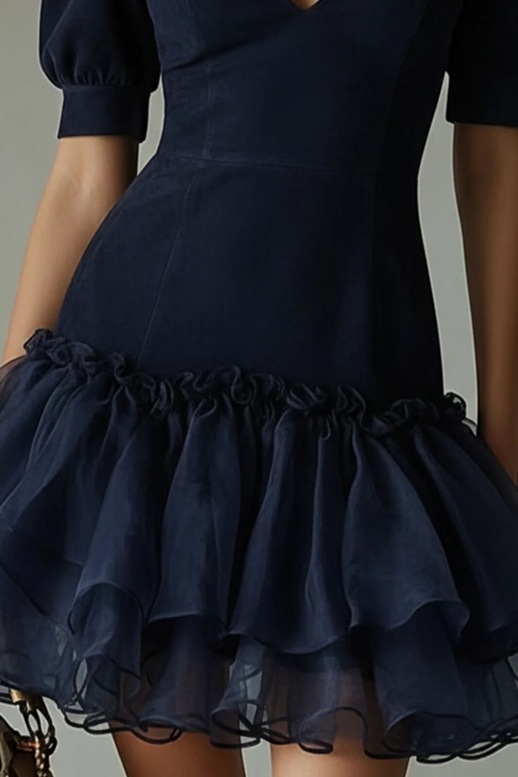 Delicate Puff-Sleeve With Layered Ruffled Hem Mini Dress