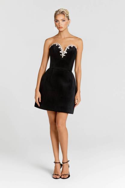 Elegant Strapless V-Neck Rhinestone-Embellished Mini Dress